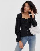 Asos Design Long Sleeve Sweetheart Neck Top With Button Through-white