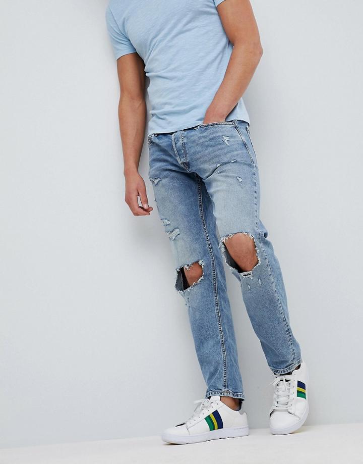 Jack & Jones Intelligence Jeans In Comfort Fit With Open Rip Details - Blue