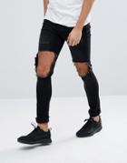 Mennace Muscle Fit Jeans In Black With Distressing - Black