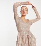 In The Style Exclusive Sequin Plunge Front Tiered Detail Mini Dress In Rose Gold
