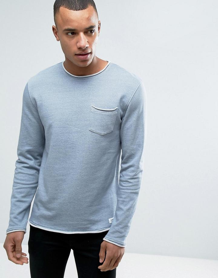 Esprit Crew Neck Sweatshirt With Raw Edges And Chest Pocket - Blue