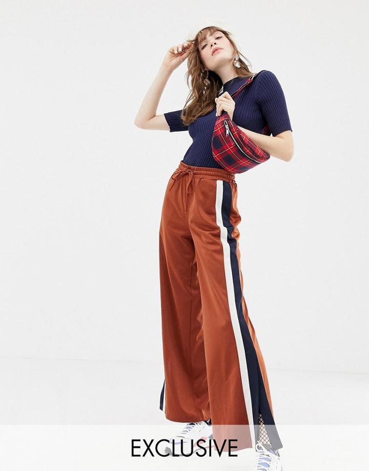 Monki Side Stripe Wide Leg Track Pants In Rust-brown