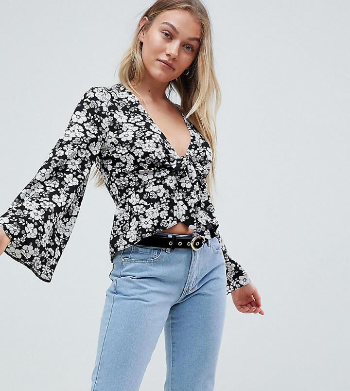 New Look Petite Floral Tie Front Blouse - Black