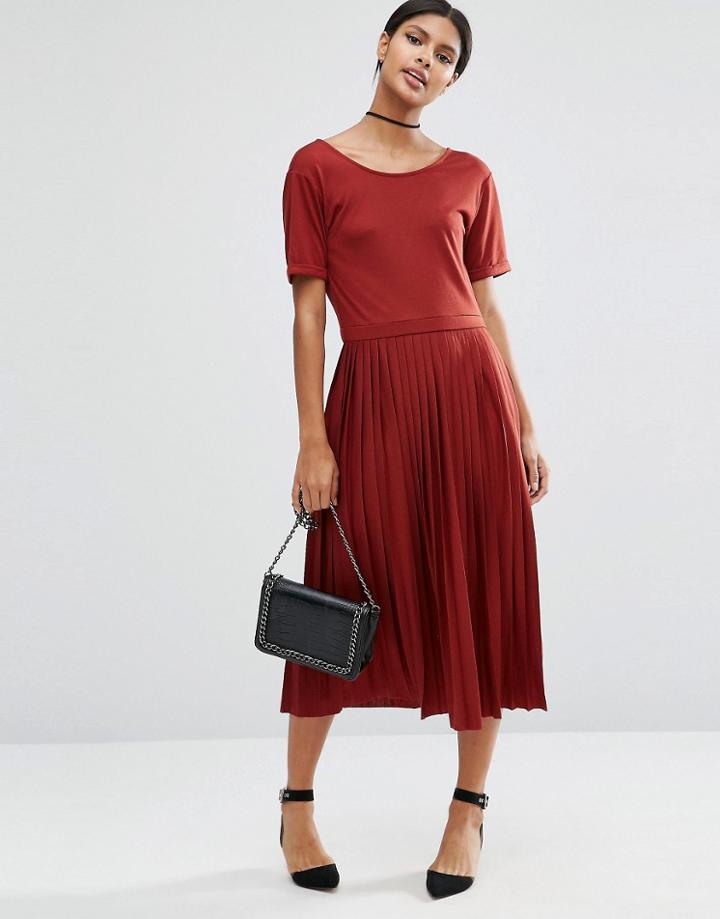 Asos Pleated Midi Dress - Brown