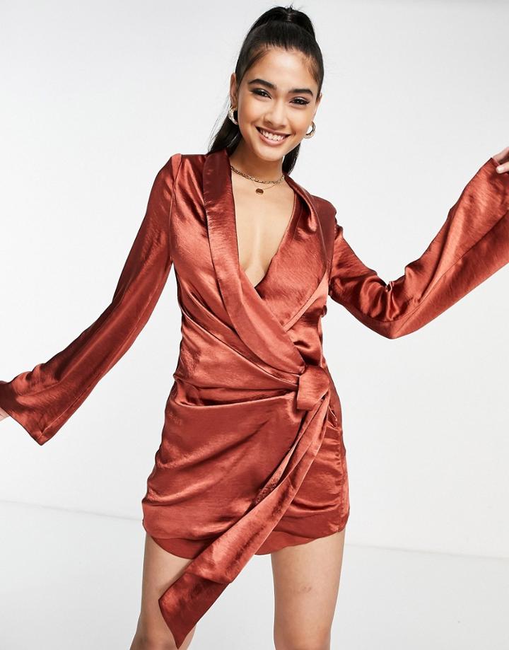 Asos Design Heavy Satin Wrap Knot Front Romper In Burgandy-red