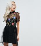 Asos Petite Mesh Mini Smock Dress With Floral Embroidery With Split Sleeve - Multi