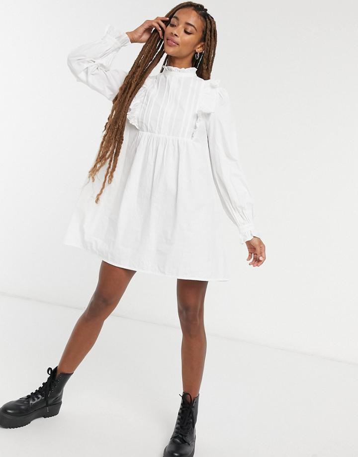 Asos Design Cotton Trapeze Mini Smock Dress With Frill Yoke Detail-white
