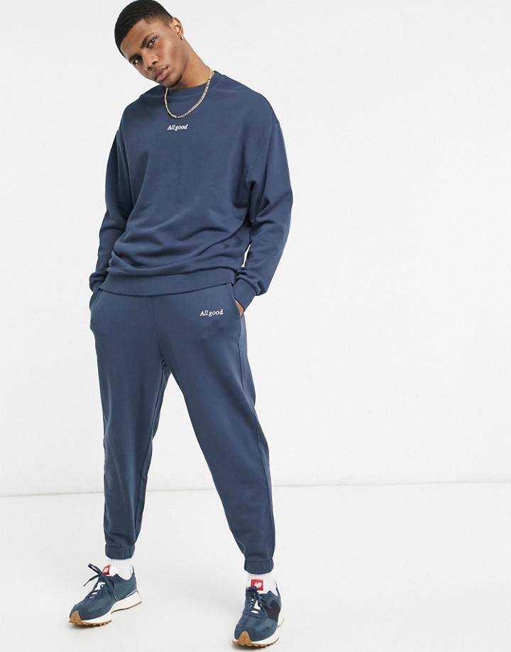 Asos Design Oversized Sweatpants In Washed Navy With Text Print - Part Of A Set