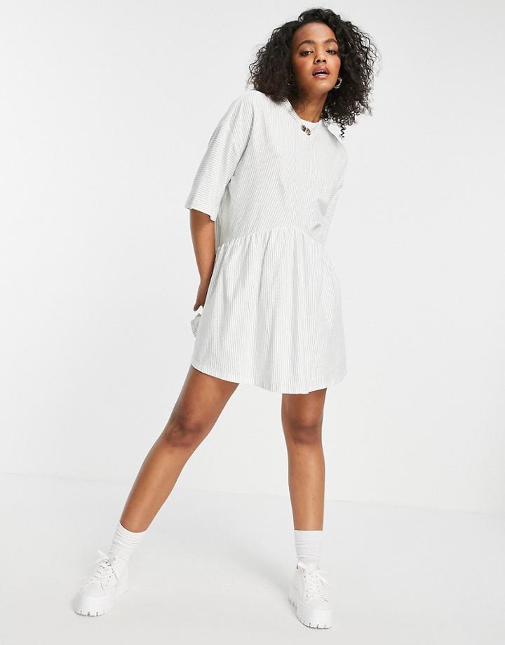 Asos Design Oversized Mini Smock Dress With Dropped Waist In Sage And White Stripe-green