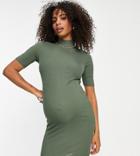 Flounce London Maternity High Neck Half Sleeve Mini Dress In Khaki-green