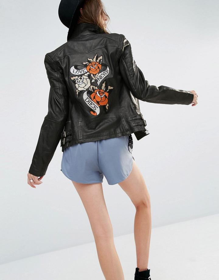 Rokoko Leather Biker Jacket With Embroidered Back Patch - Black