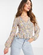 Asos Design Pleated Front Top With Long Sleeve And Peplum Hem In Floral Ditsy Print-multi