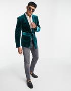 Asos Design Super Skinny Velvet Smoking Jacket In Green