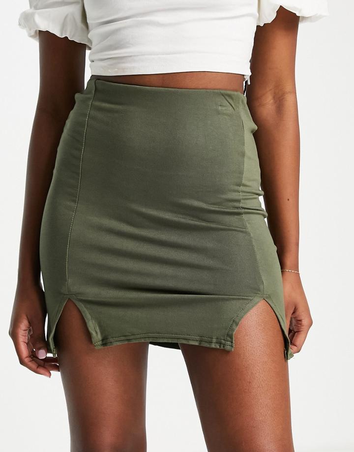 I Saw It First Double Notch Front Mini Skirt In Khaki-green