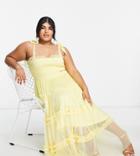 Lace & Beads Plus Tie Shoulder Tiered Midi Tulle Dress In Lemon-yellow