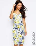 Asos Tall Bardot Off The Shoulder Hitchcock Midi Pencil Dress In Yellow And Blue Floral - Multi