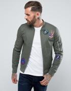 Asos Muscle Fit Bomber Jacket With Badges In Khaki - Green