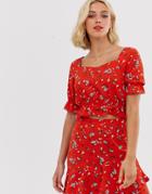 Pieces Floral Cropped Smock Top - Red