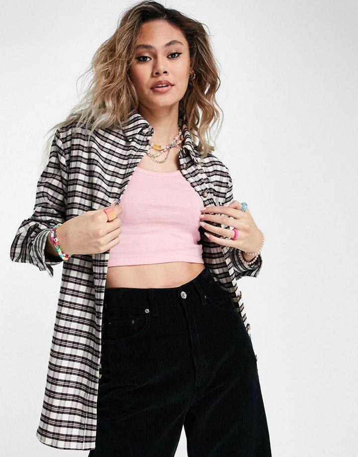 Topshop Check Oversized Shirt In Pink