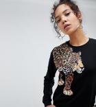 Asos Design Tall Sweat With Leopard Placement Print - Black