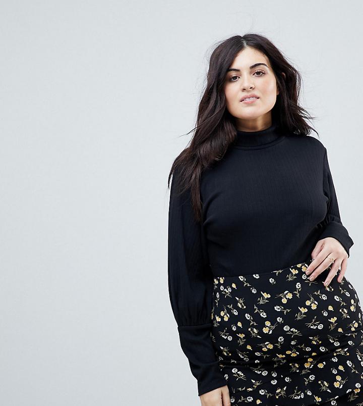 Fashion Union Plus High Neck Top With Puff Sleeves - Black