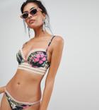 River Island Plunge Bikini Top In Floral Print - Navy