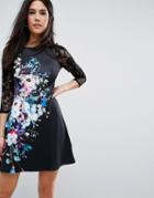 Lipsy Floral Placement Lace Sleeve Skater Dress - Multi