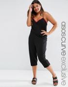 Asos Curve Beach Jumpsuit With Cropped Leg & Pom Pom Detail - Black
