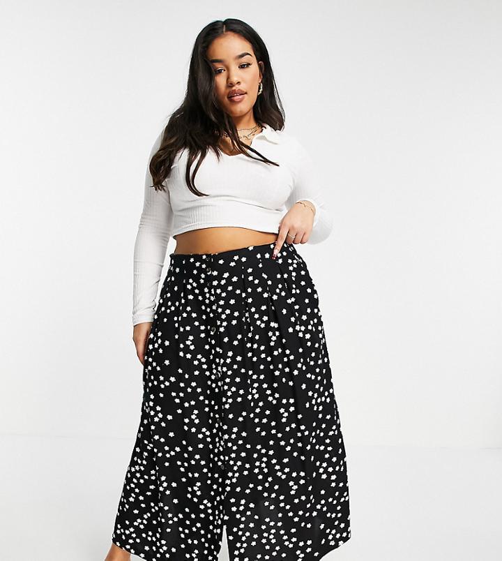 Asos Design Curve Button Through Midi Skirt With Daisy Print In Black-multi