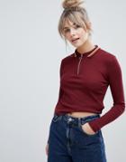 Pull & Bear Zip Front Top In Burgundy - Red