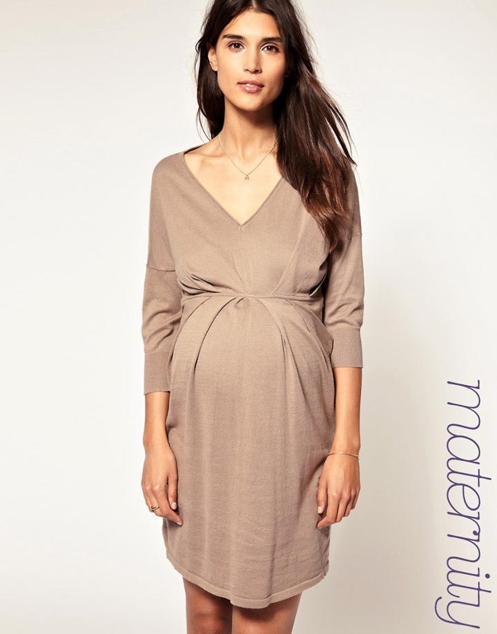 Asos Maternity V Neck Pleated Waist Knitted Dress - Blue