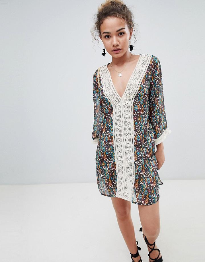 En Creme Long Sleeve Dress With Lace Trim - Multi