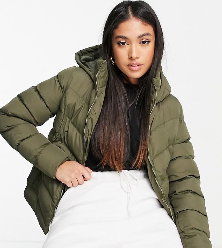 Threadbare Petite Tigger Hooded Lightweight Puffer Jacket In Khaki-black