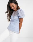River Island Lace Puff Sleeve Top In Blue-blues