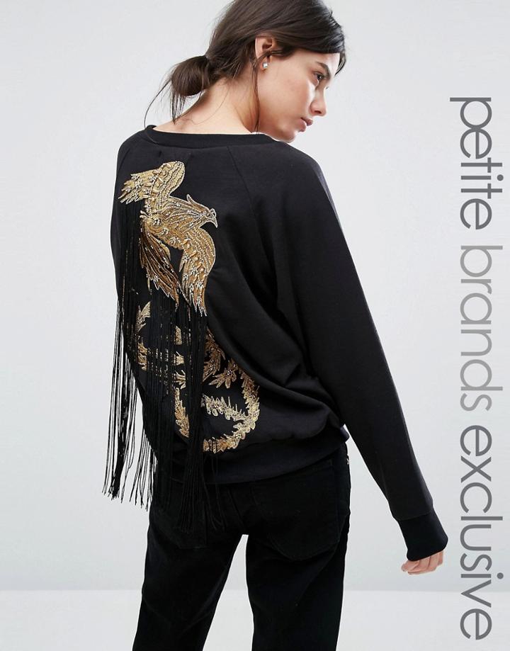 Starry Eyed Petite Sweat With Gold Bird Beaded Applique And Fringe Det