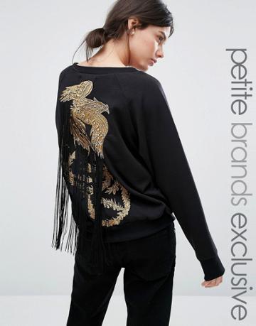 Starry Eyed Petite Sweat With Gold Bird Beaded Applique And Fringe Det