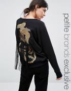 Starry Eyed Petite Sweat With Gold Bird Beaded Applique And Fringe Det