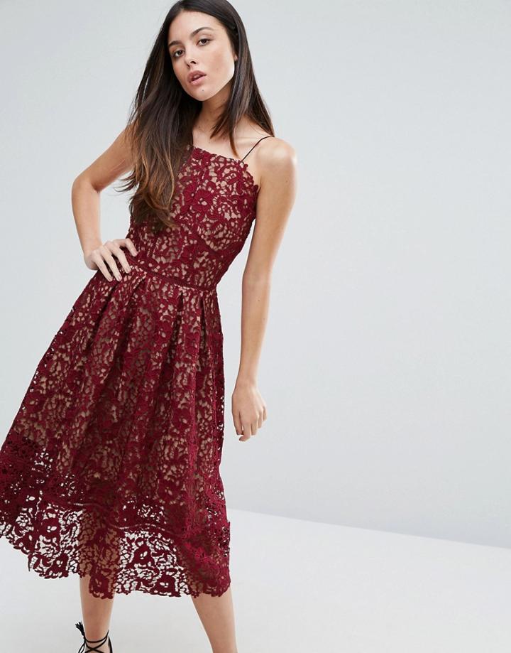 Warehouse Premium Lace Halter Midi Dress - Red