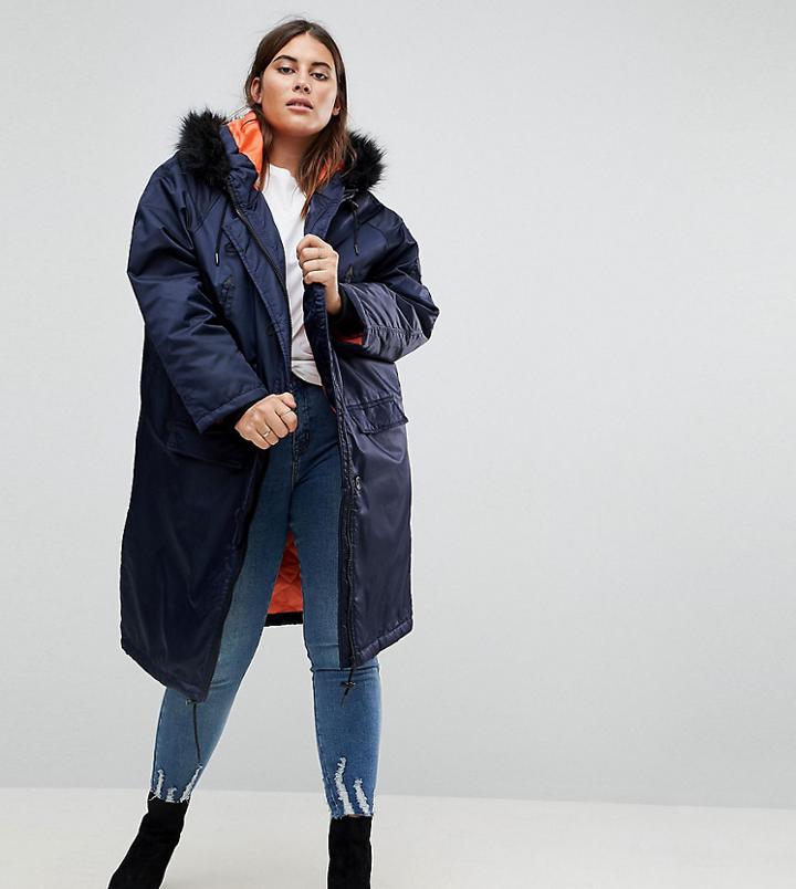 Brave Soul Plus Full Moon Maxi Parka Coat - Navy