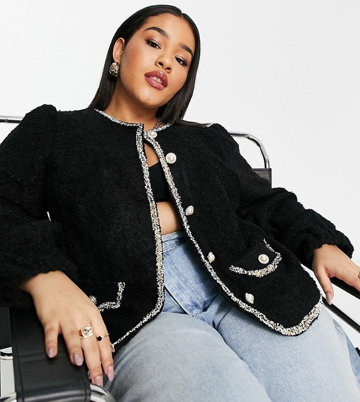 River Island Plus Boucle Button Trim Cardigan In Black
