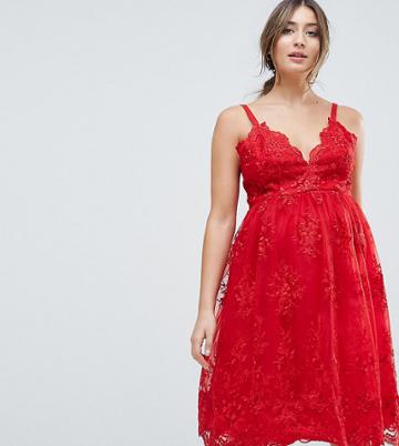 Chi Chi London Maternity Premium Scalloped Lace Midi Dress - Red