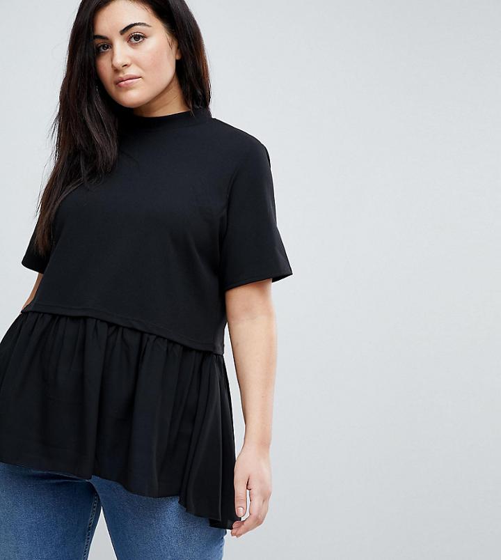 Lost Ink Plus Smock T-shirt With Peplum Hem - Black