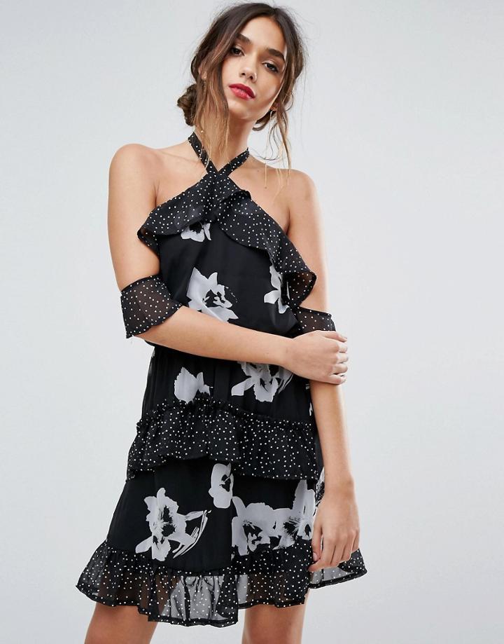 Boohoo Mixed Print Ruffle Detail Halterneck Dress - Multi