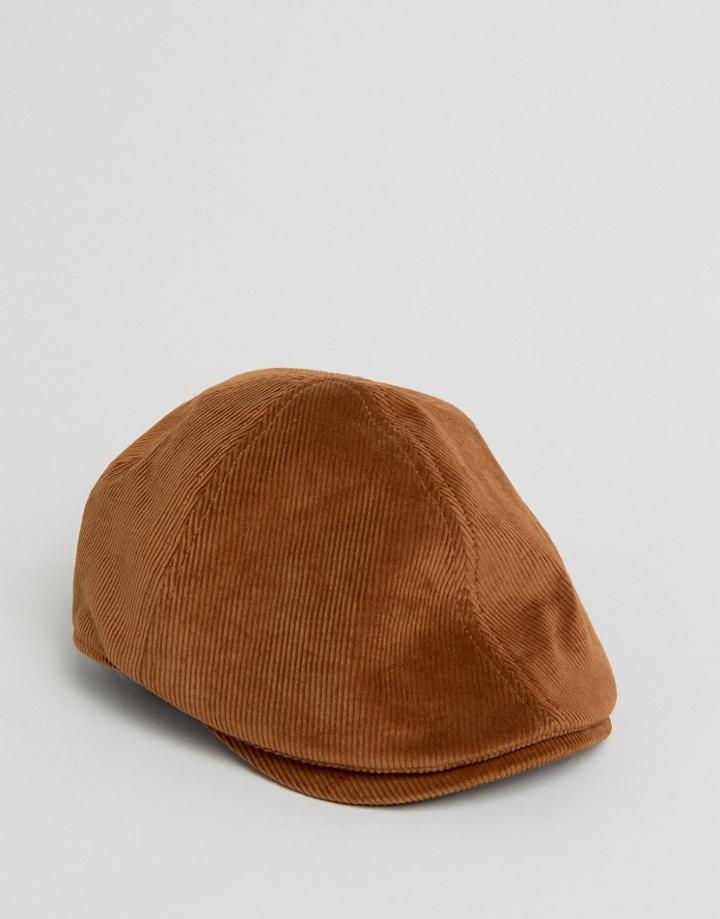 Asos Flat Cap In Camel Cord - Tan