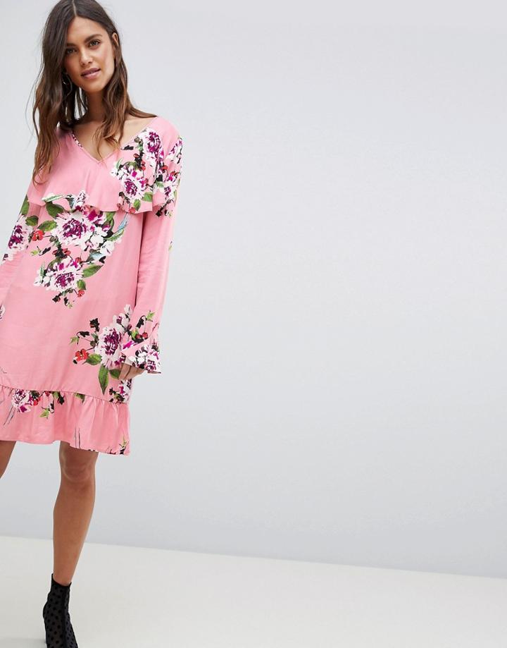 Vila Soft Floral Ruffle Midi Dress-pink