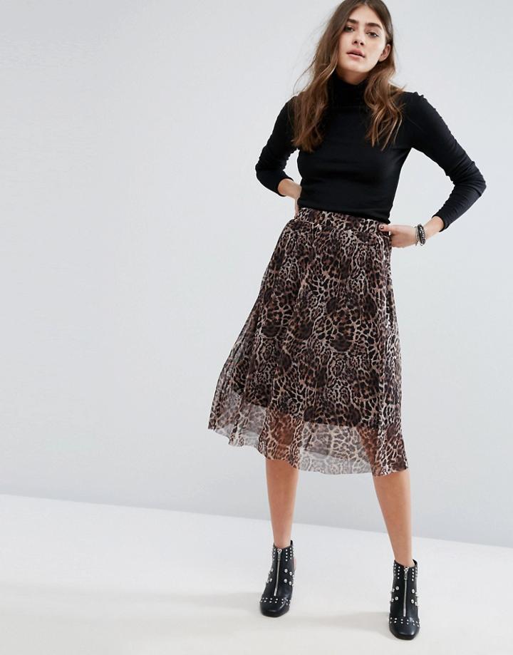 B.young Leopard Print Pleated Midi Skirt - Tan