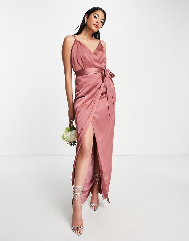 Liquorish Bridesmaid Satin Wrap Maxi Dress With Belt In Forever Rose-pink