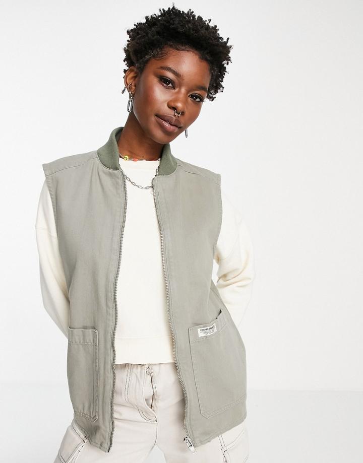 Topshop Lightweight Zip Up Bomber Vest In Khaki-green