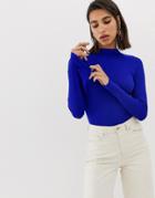 Mango Ribbed High Neck Sweater In Blue - Navy
