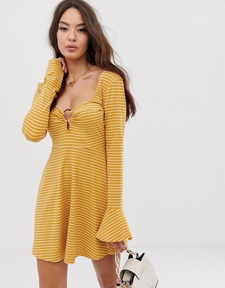 Asos Design Open Back Mini Skater Dress With Faux Tortoiseshell Detail In Rib Stripe - Multi